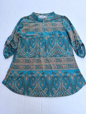 Ninedaily Teal Paisley Zip-Front Tunic Blouse